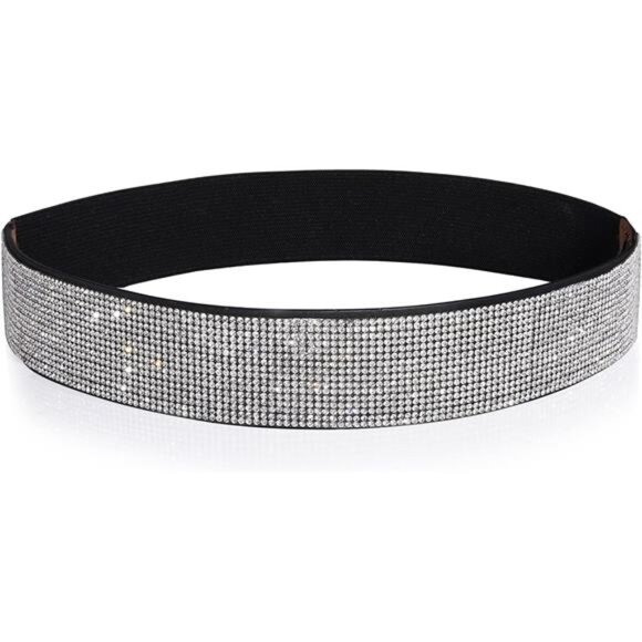 Rhinestone Elastic PU Leather Belt Shiny Crystal Stretch Waist Belt Wide Waist - Picture 1 of 8